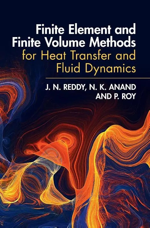 De boekcover voor finite element en finite volume methods toont een abstract ontwerp in oranje, rood en blauw voor heat transfer en fluid dynamics