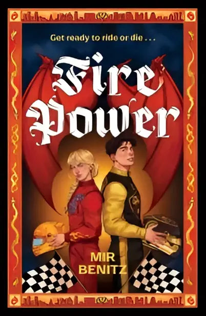 De cover van het boek fire power door mir benitz toont twee personages in kleurrijke kostuums voor een vurige achtergrond, sports romance meets fun f1 sports