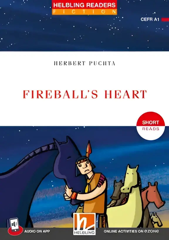 Omslag Fireballs heart van Herbert Puchta met inheemse man en blauw paard onder sterrenhemel