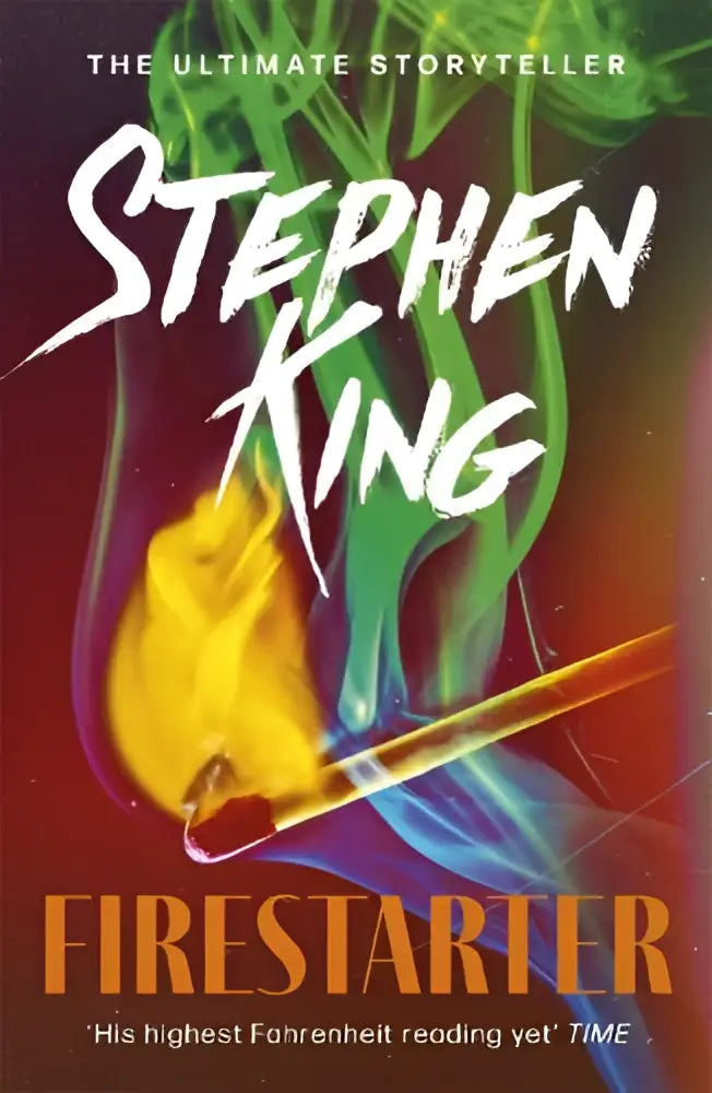 Firestarter boekcover door stephen king met vurige lucifer en groene oranje vlammen een chilling classic