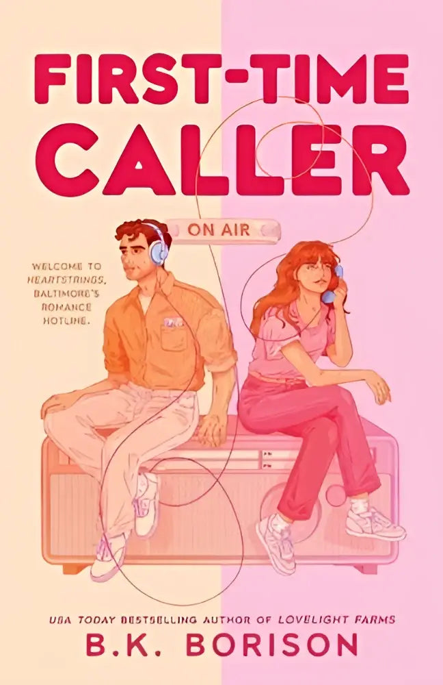 Illustratie van pink en oranje omslag van first-time caller met twee personages met koptelefoons zittend op vintage radio