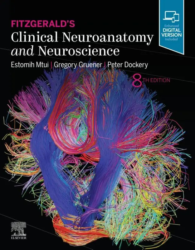 The cover of Fitzgerald’s clinical neuroanatomy and neuroscience 8th edition shows colorful abstract neural pathways on black background