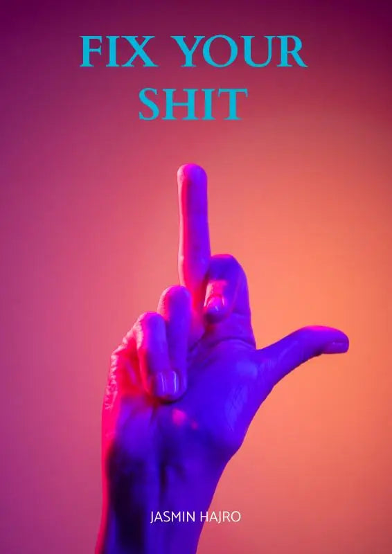 Een hand die een middelvingergebaar maakt onder paars en oranje neonlicht bij het product fix your shit