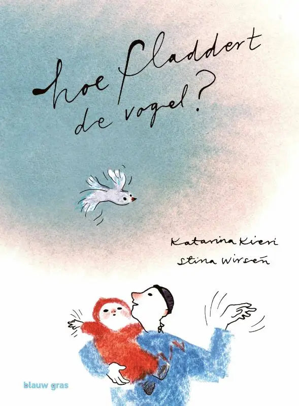 Een illustratie van een witte vogel in vlucht boven twee cartoonfiguren in rood en blauw voor jonge lezers