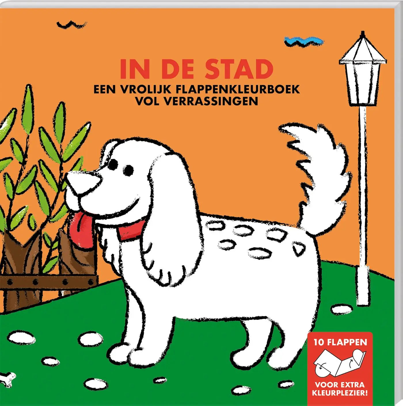 Een vrolijke witte hond met flaporen en een rode halsband op groen gras, illustratie in flappenkleurboek voor jonge lezers