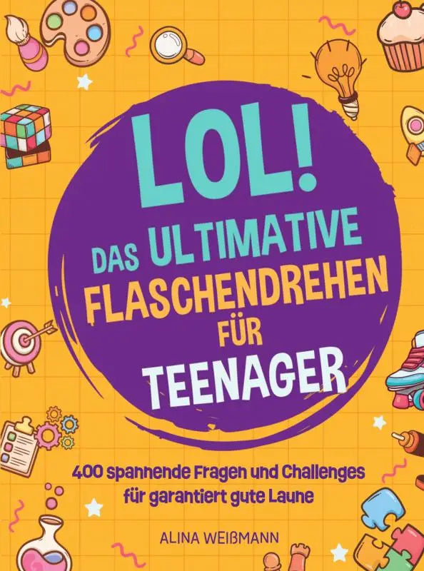 Vibrant geel boekcover met paarse cirkel titel lol das ultimative flaschendrehen mit spannende fragen und challanges