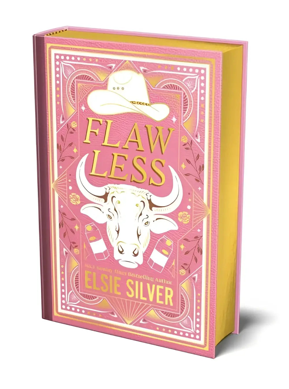 Pink hardcover collector’s edition book with gold lettering and white bull cowboy illustration by elsie silver