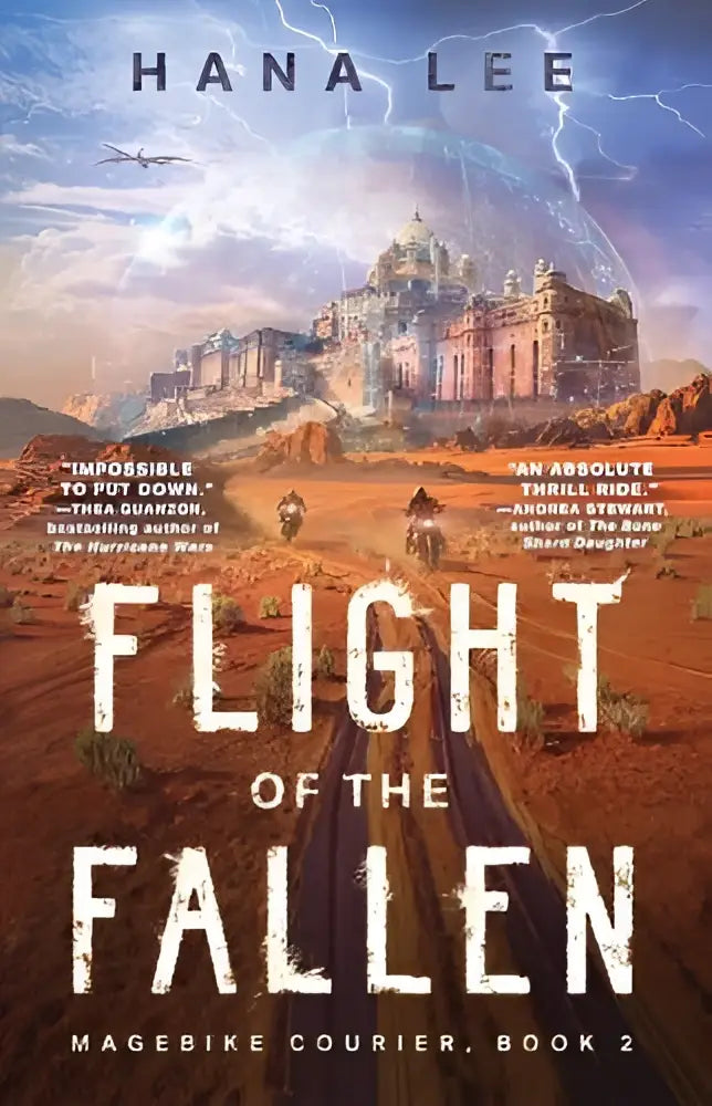 De cover van flight of the fallen door hana lee toont een dramatisch woestijnlandschap met een groot kasteel en twee motorrijders