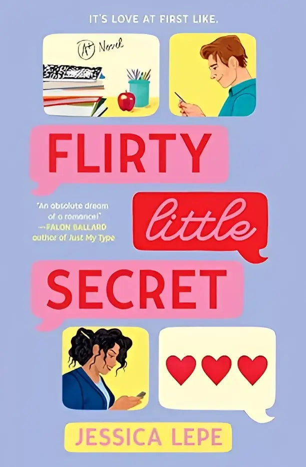 Flirty little secret van jessica lepe is een romantische roman met een lichtpaarse omslag en kleurrijke spraakballonnen