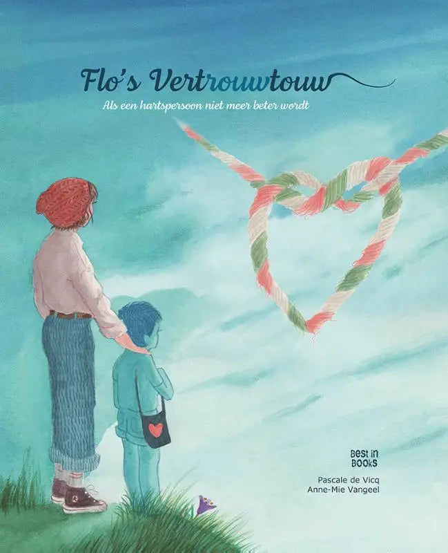 Een zachte pastelillustratie voor flo’s vertrouwtouw toont een vrouw en jonge lezers met een rood wit groen lintvlinderhart