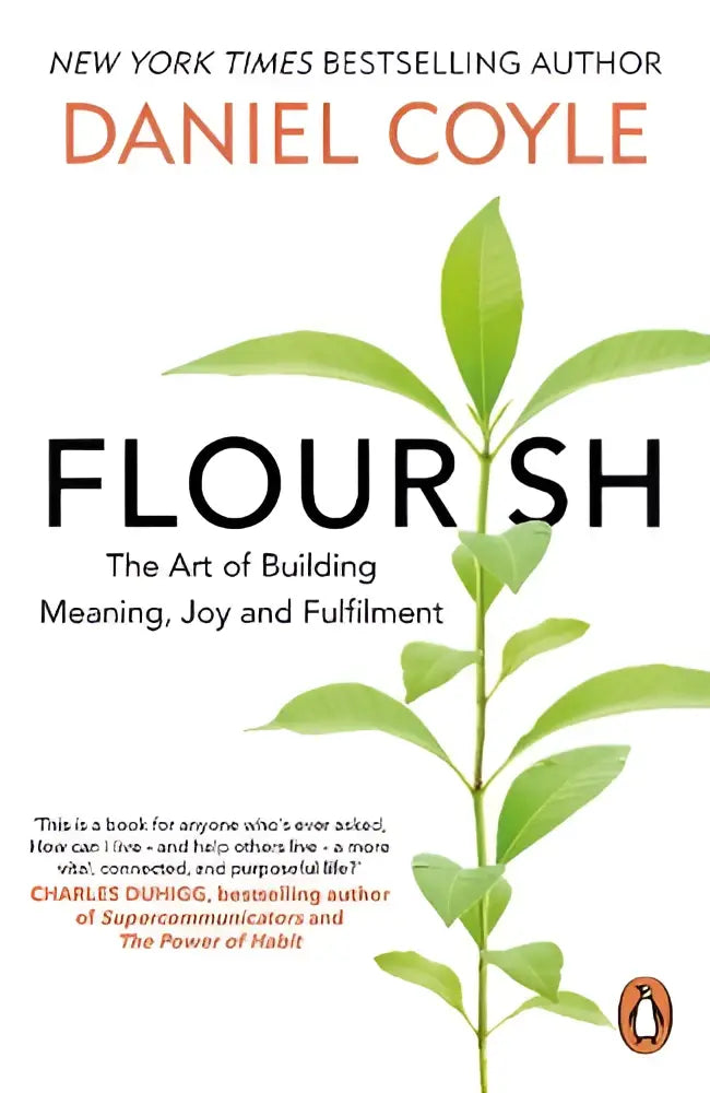 Het boek cover van flourish door daniel coyle van cornerstone press toont een minimalistisch design met groene bladeren