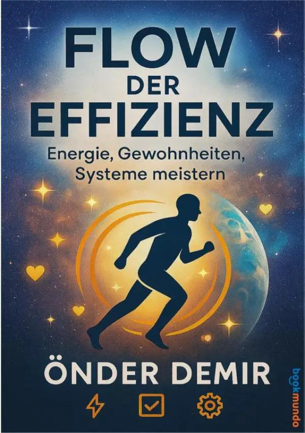 De boekcover van flow der effizienz toont zwarte tekst en een lopende mensensilhouet op een kosmisch blauwe achtergrond gericht op systeme meistern