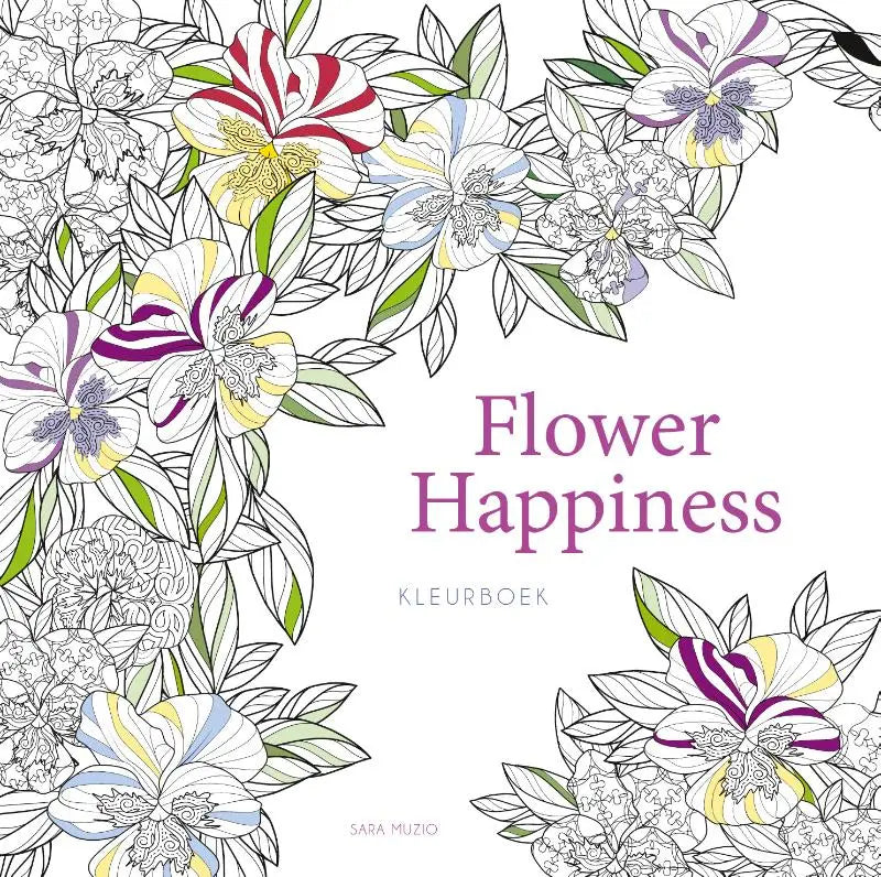 Kleurboek cover flower happiness met ingewikkelde bloemenillustraties in levendige paarse, gele en rode tinten op wit