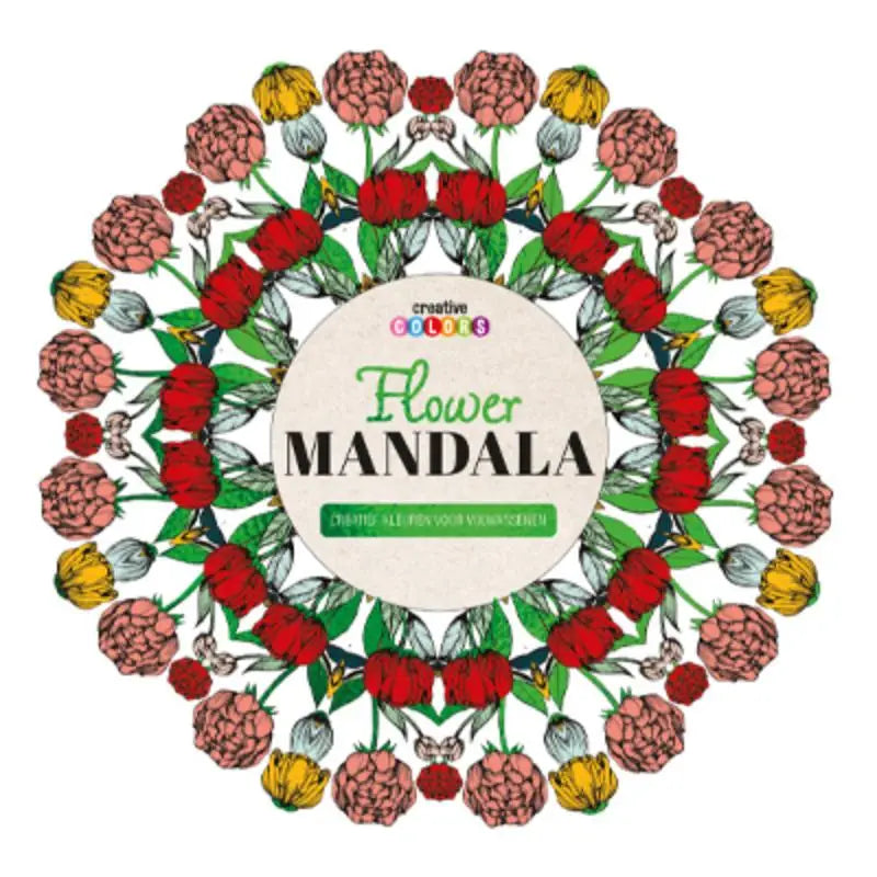 Vrolijke flower mandala kleurboekcover met symmetrische rode, roze en gele bloemen op stevig papier