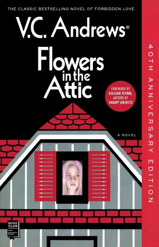 Zwarte boekomslag met gestileerde rode en grijze schuur en raampje met roze haar gezicht voor flowers in the attic 40th anniversary edition van v.c