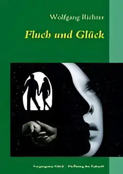 De boekcover van fluch und gluck toont twee zwarte silhouetten op een donkere achtergrond met witte tekst op een groene rand