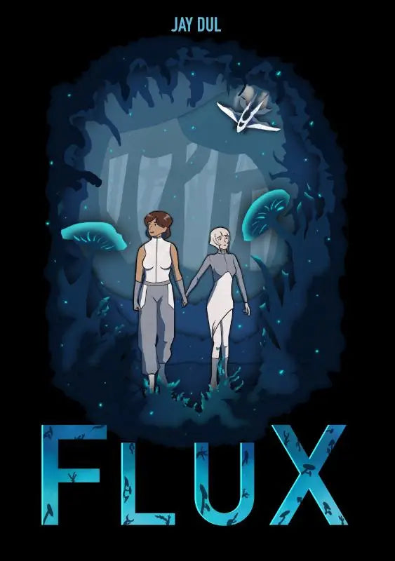 Blauwgetinte digitale illustratie van twee figuren die elkaars hand vasthouden in een mystiek, gloeiend bos voor flux