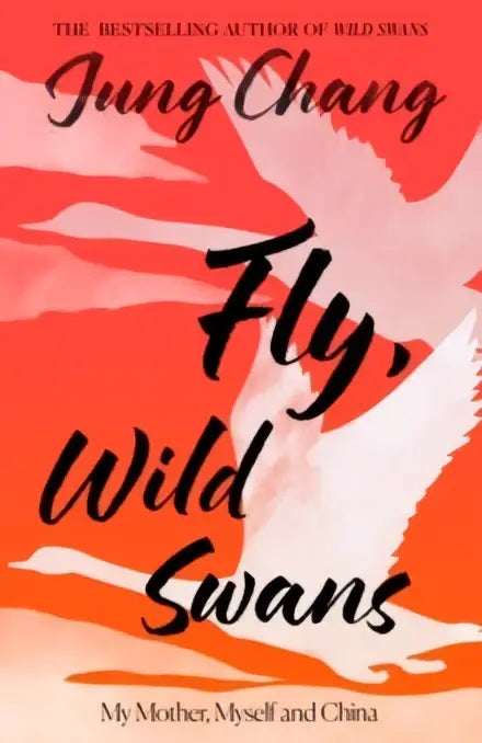 De boekcover van wild swans van jung chang toont zwarte cursieve letters op een oranje witte achtergrond