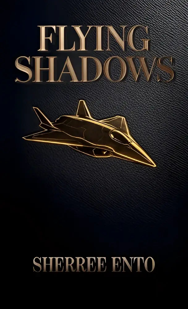 Black leather book cover with gold embossed title flying shadows and golden jet fighter illustration by sherree ento