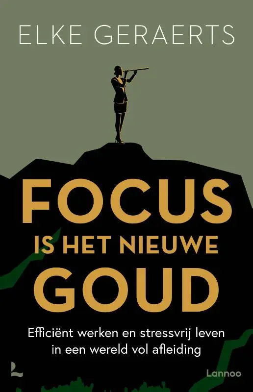 Boekcover met gouden letters op donkere achtergrond focus is het nieuwe goud van elke geraerts over efficiënt werken en stressvrij leven