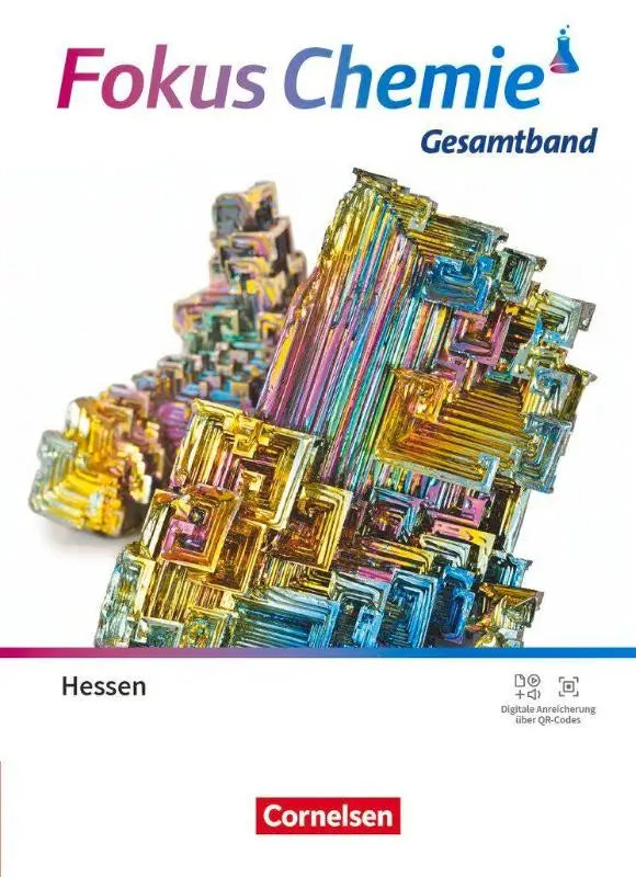De cover van fokus chemie gymnasium hessen toont een levendig iriserend kristal in gouden, blauwe en paarse tinten