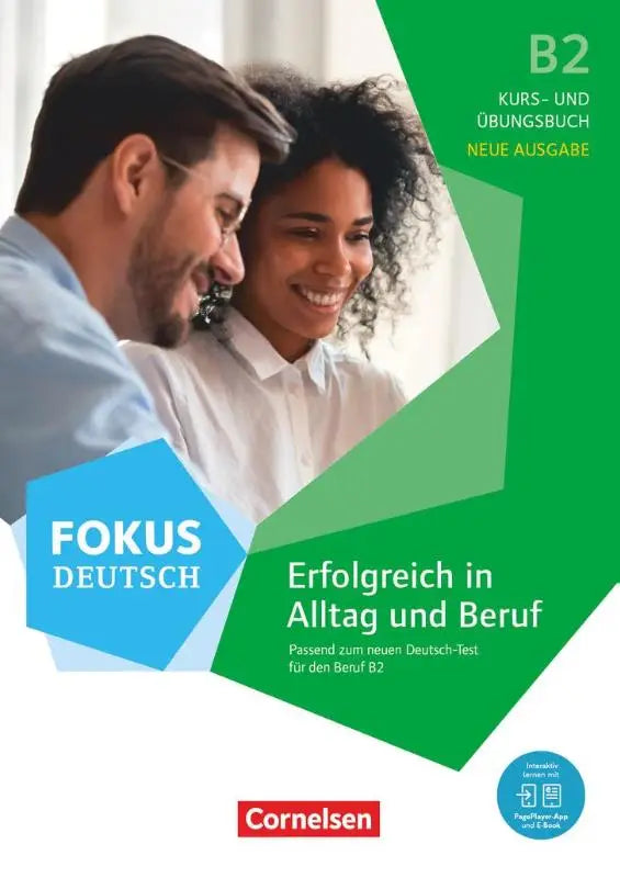Groen en blauw geometrisch ontwerp boekomslag voor fokus deutsch b2 cursus en werkboek succesvol in alltag und beruf
