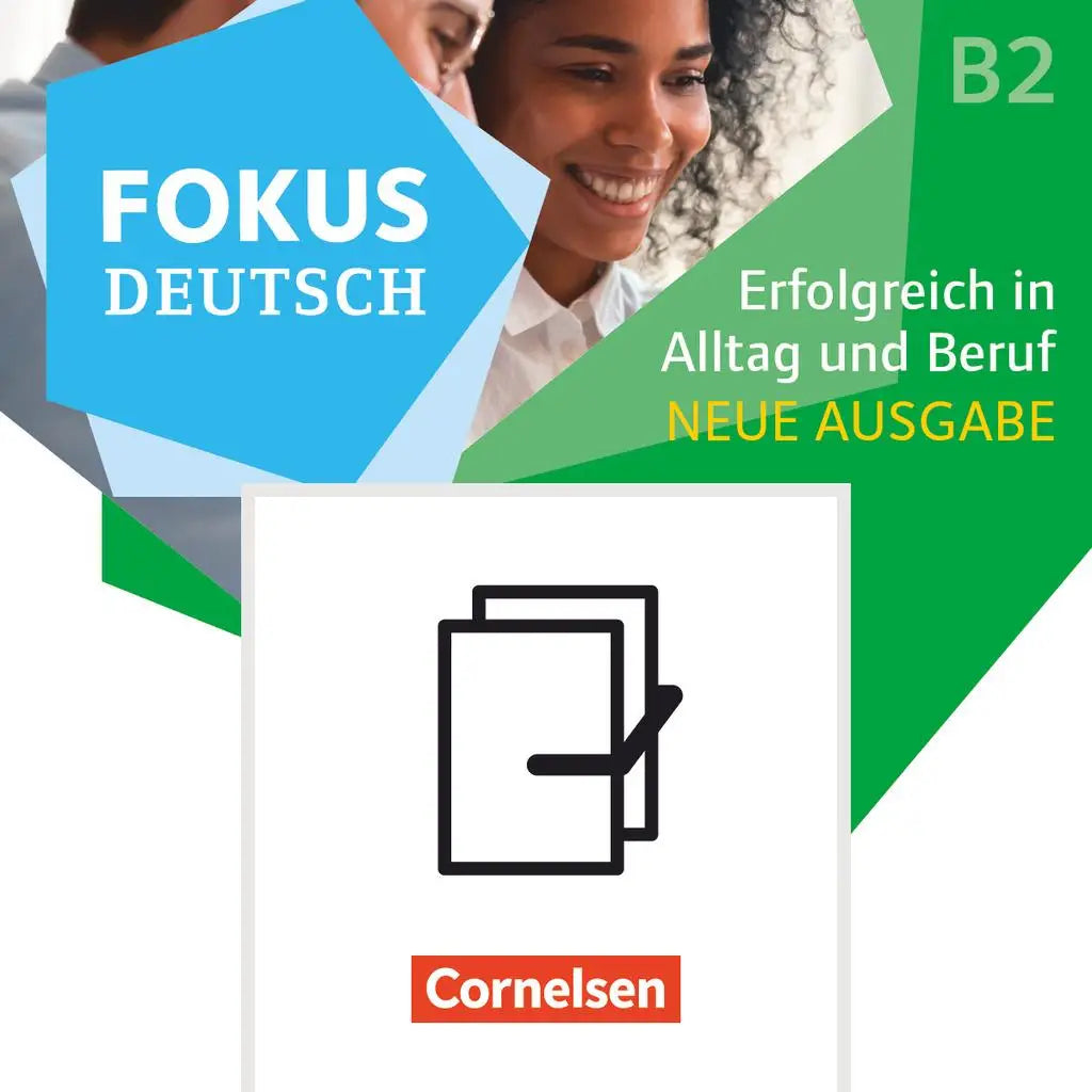 Blauwgroen geometrisch ontwerp met tekst fokus deutsch en glimlachend vrouwelijk gezicht op brückenkurs b1+ audiocd niveau b1+