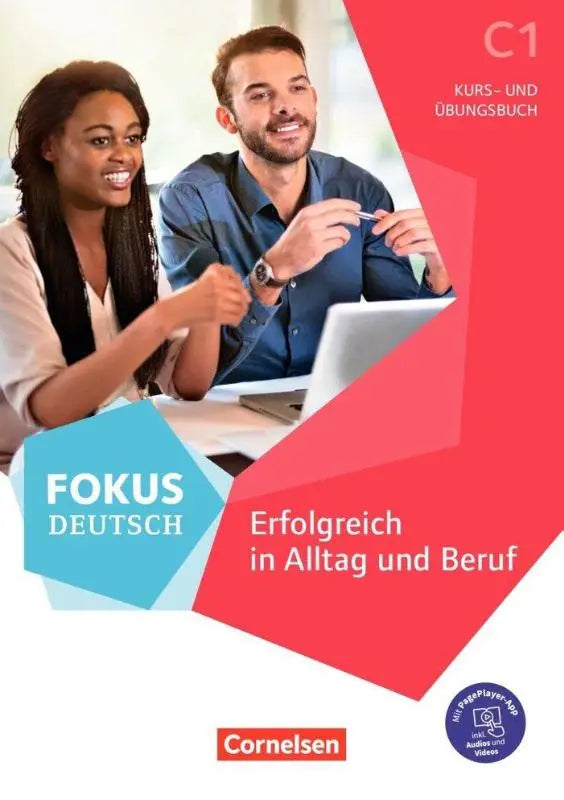 C1 fokus deutsch kurs- und übungsbuch van cornelsen met rode en blauwe geometrische elementen voor alltag und beruf