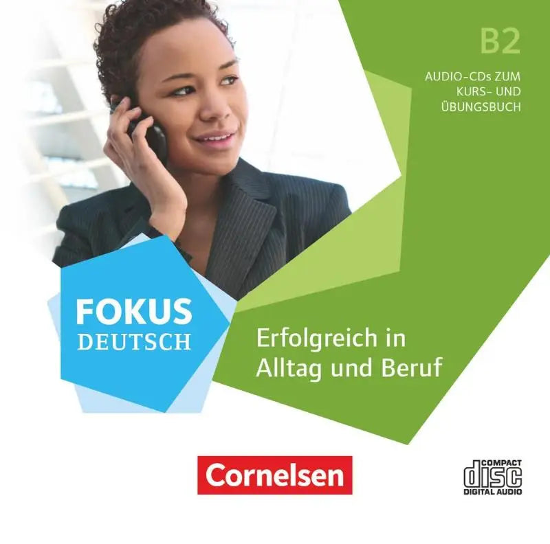 B2 niveau german leren audio-cd’s met groen-blauw geometrisch design van cornelsen fokus deutsch alltag und beruf
