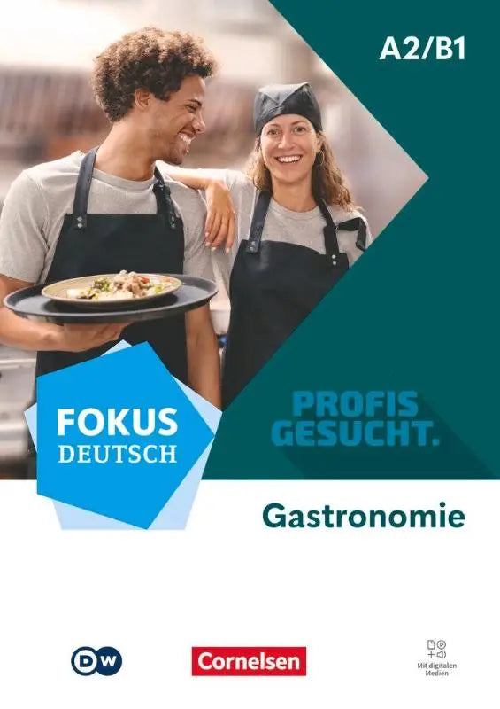 De voorkant van de fokus deutsch a2 b1 taalboek profis gesucht berufsfeld gastronomie met twee koks en een gerecht
