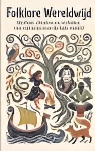 Folklore wereldwijd boekomslag met zwart wit lijntekeningen van bomen dieren en figuren uit culturen over de hele wereld
