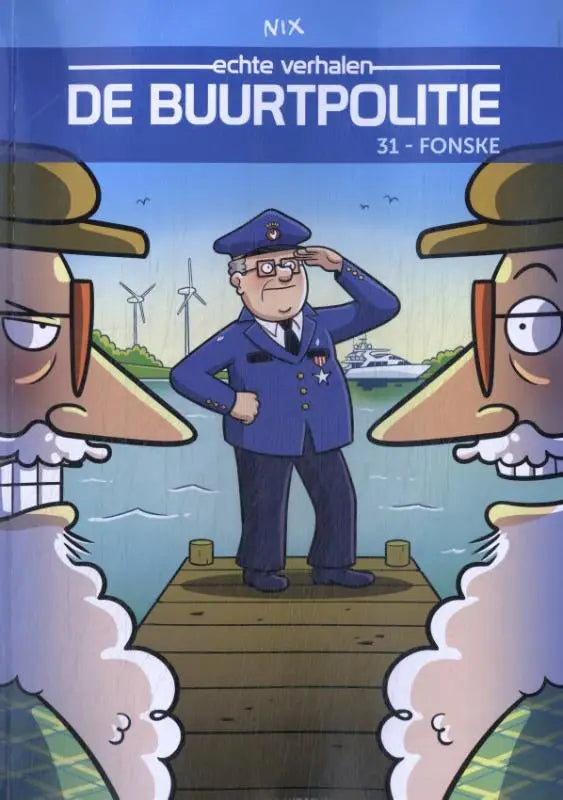 Blue cartoon politieagent in uniform die groet op een houten steiger voor strips algemeen product fonske