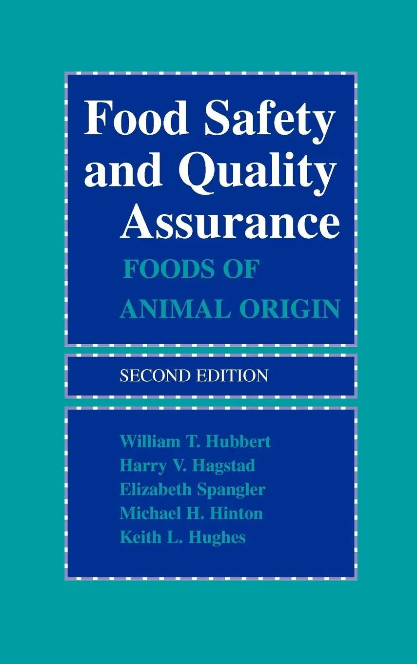 Blauw hardcover boek food safety and quality assurance foods of animal origin tweede editie met witte tekst en teal accenten