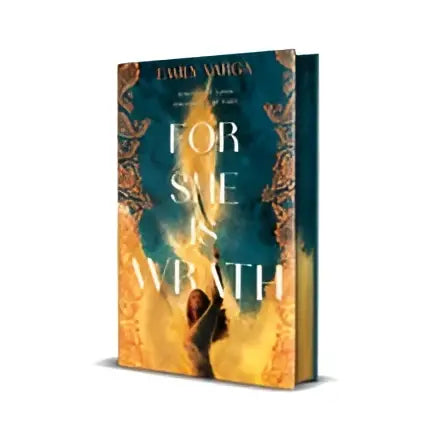 De hardcover van for she is wrath sprayranden van emily varga toont vurige oranje en gouden vlammen jinn magie thema