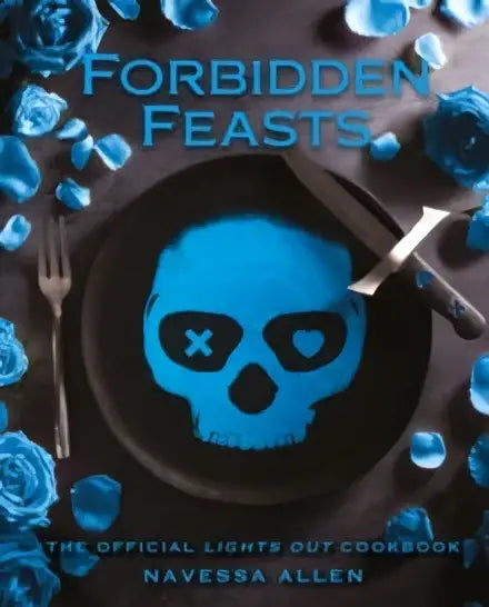 Blue skull-themed cover of forbidden feasts the official lights out cookbook with metallic utensils and icy blue floral accents