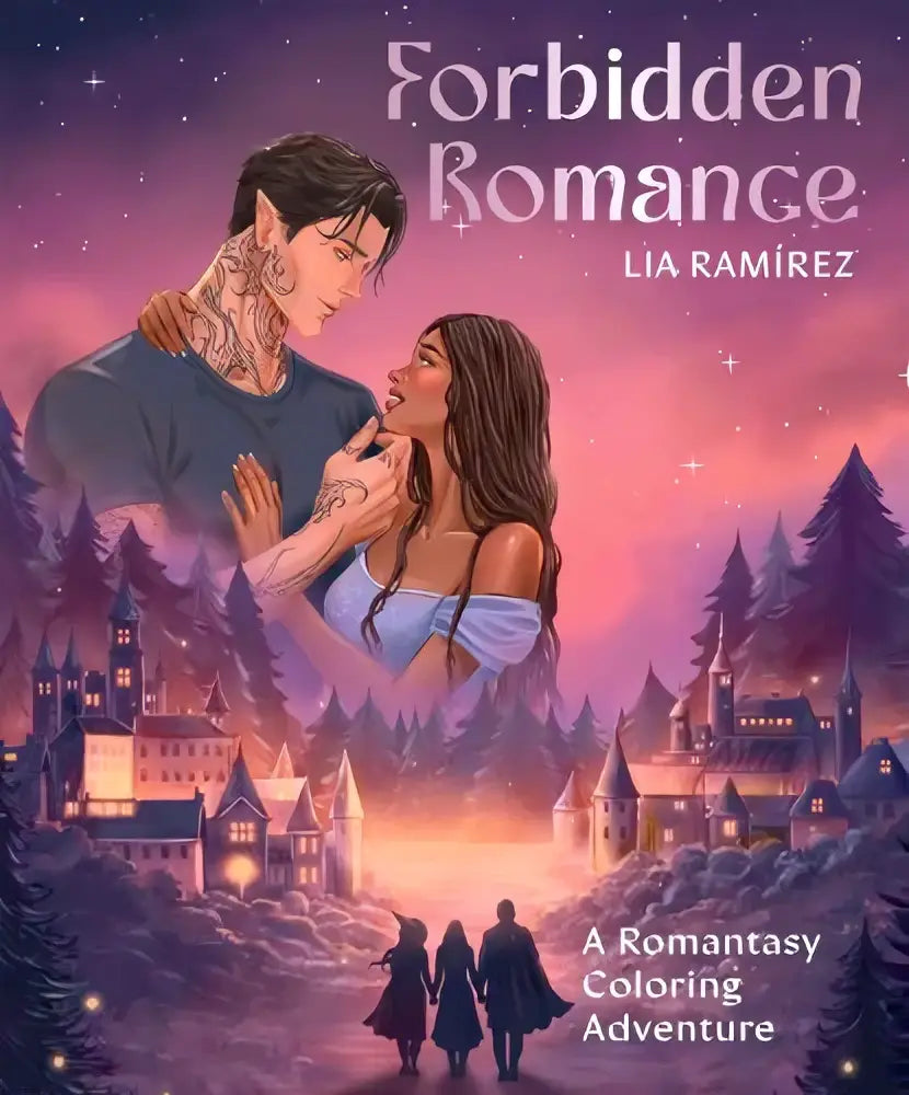 De cover van forbidden romance door lia ramirez toont een romantische illustratie in een romantasy coloring adventure