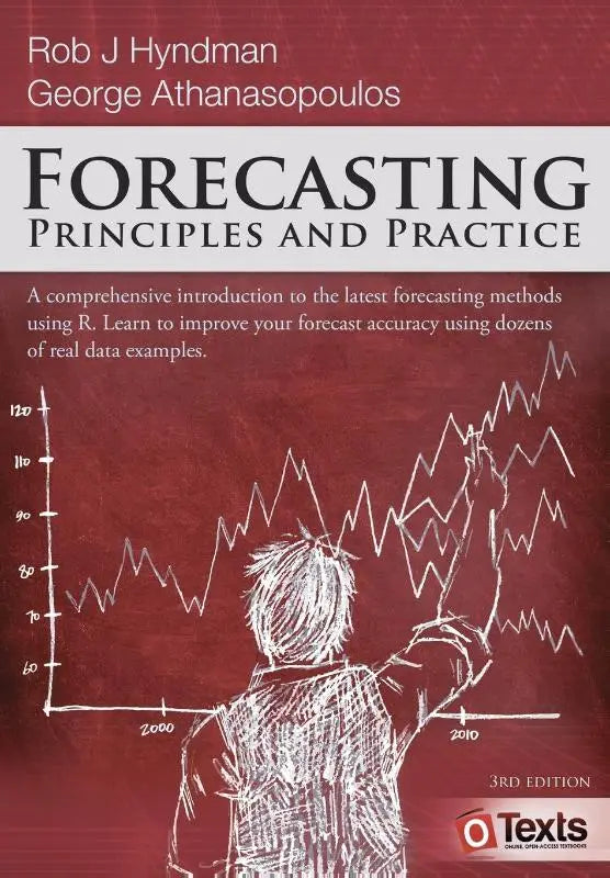 De boekcover van forecasting principles and practice 3e editie door rob j hyndman en george athanasopoulos in blauw wit