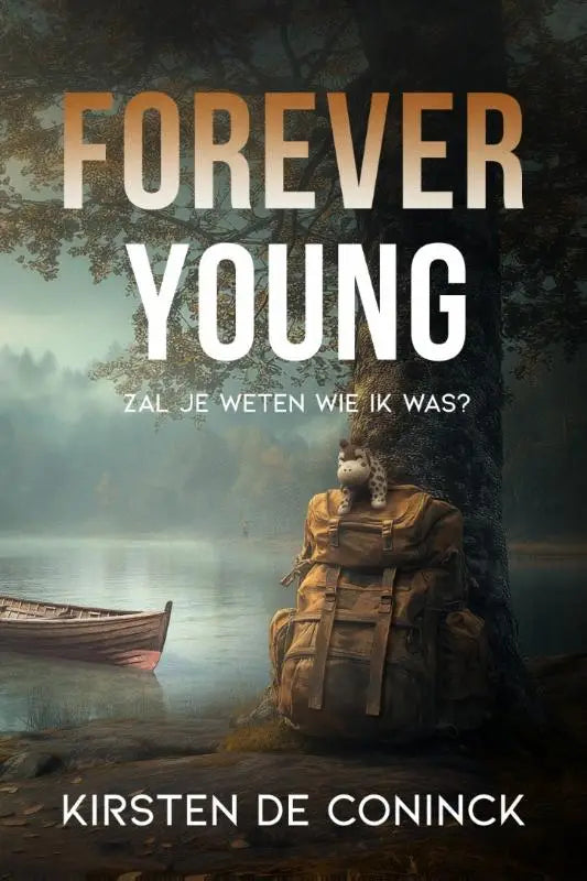 Een weathered tan rugzak met giraffe gezicht ontwerp geleund tegen een boom basis in de forever young collectie