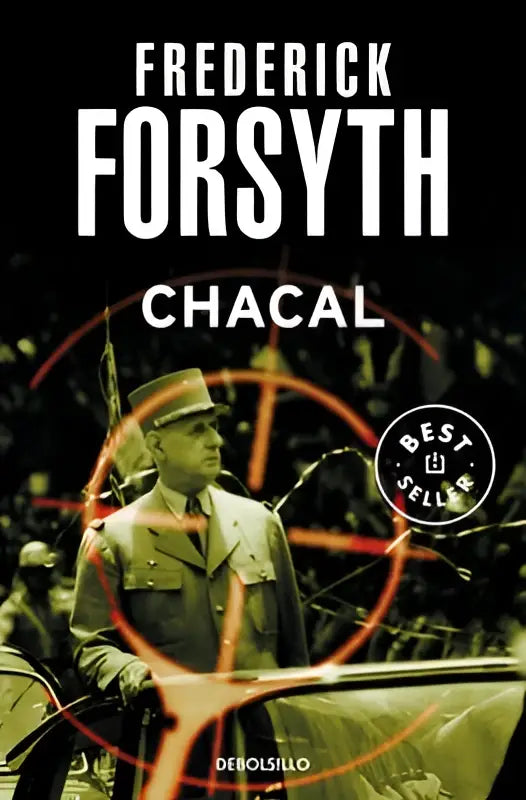 De hardcover van het boek chacal door frederick forsyth toont een sepia afbeelding van een man in pak en hoed