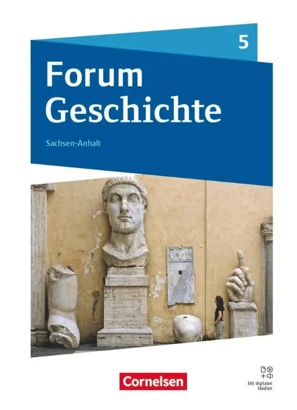 Blauw omslagen schulbuch forum geschichte met digitale media en afbeelding van oude stenen buste voor gymnasium sachsen-anhalt