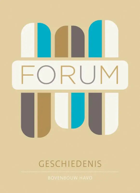 Het forum geschiedenis logo met een gestileerd abstract ontwerp van verticale balken in teal beige en grijs op een tan achtergrond