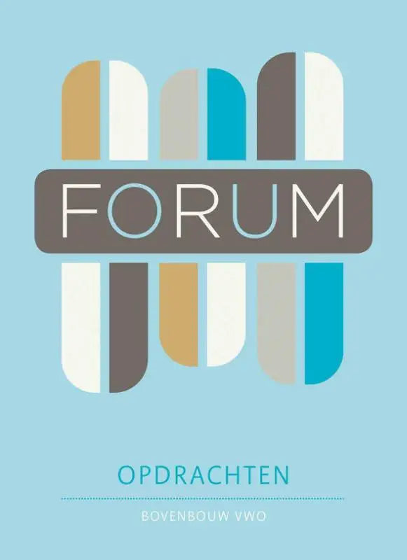 Minimalistisch logo van forum geschiedenis met witte hoofdletters op donkergrijze banner en abstracte blauwe achtergrond