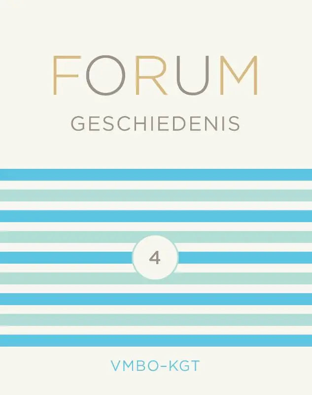 De cover van forum geschiedenis leerboek met blauwe en witte strepen en het cijfer 4 in een cirkel centraal geplaatst