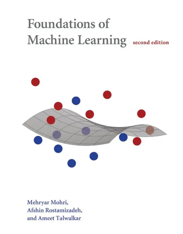 De voorkant van de tweede editie van het leerboek foundations of machine learning door mehryar mohri met grijs raster en gekleurde stippen
