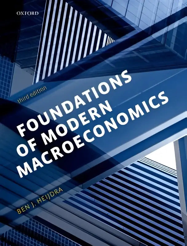 De foundations of modern macroeconomics exercise and solution manual pack toont een blauwe en zwarte geometrische omslagdesign