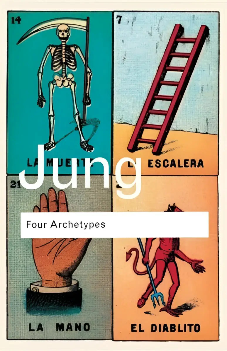 De boekcover van four archetypes toont een vintage illustratie met vier kleurrijke speelkaarten la muerte, escalera, la mano en el diablito