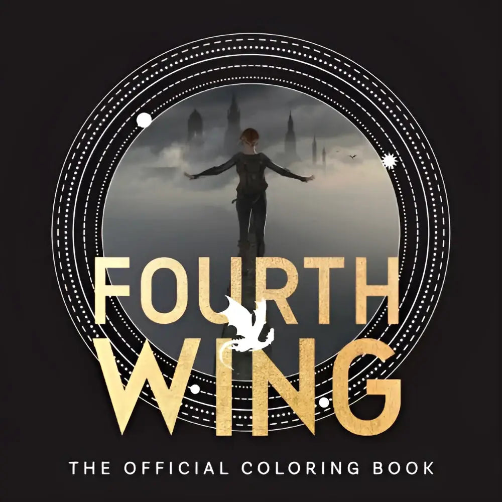 The official coloring book fourth wing features a circular gold design with a figure and cityscape illustration