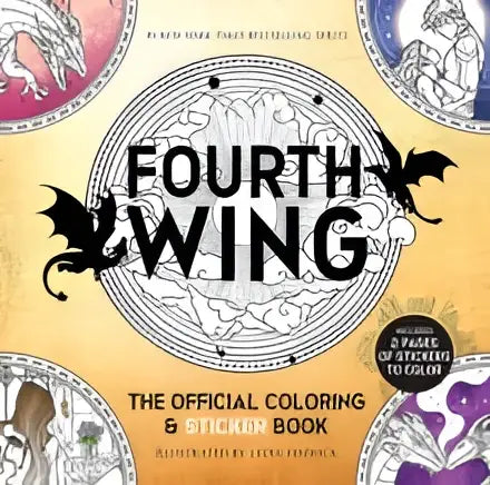 Fourth wing the official coloring and sticker book with black and white illustrations on a yellow background