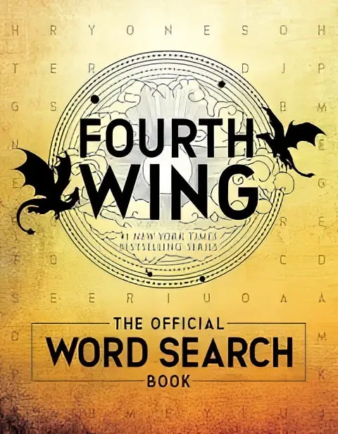 The official fourth wing search book features a gold cover with black wing designs and bold dark lettering