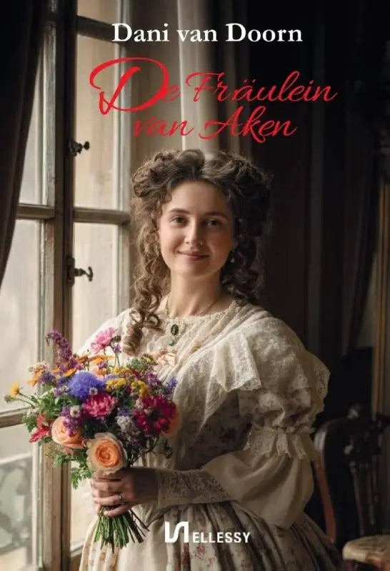 Een vrouw in een elegante roomkleurige kanten jurk met pofmouwen en hoge halslijn houdt een kleurrijk bloemenboeket vast